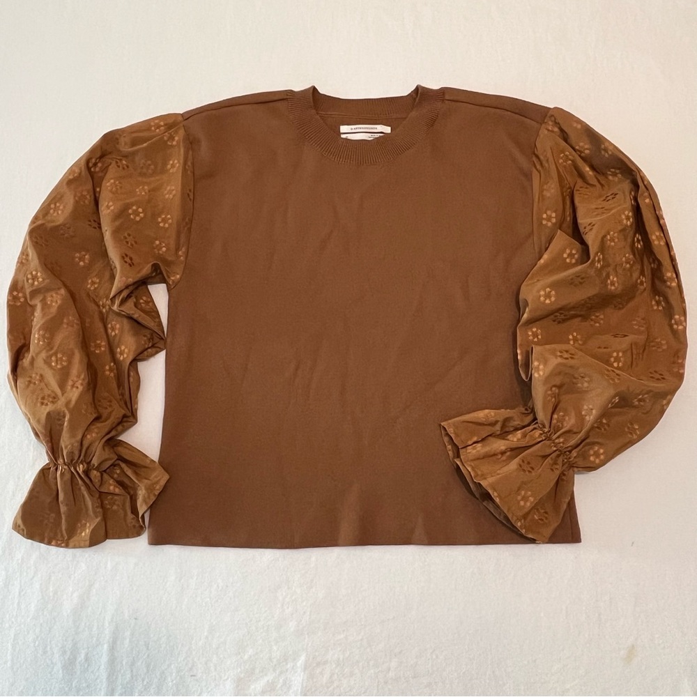 Anthropologie Brown Floral Puff-Sleeves Woman Top Sweater Chic Blouse Size XS